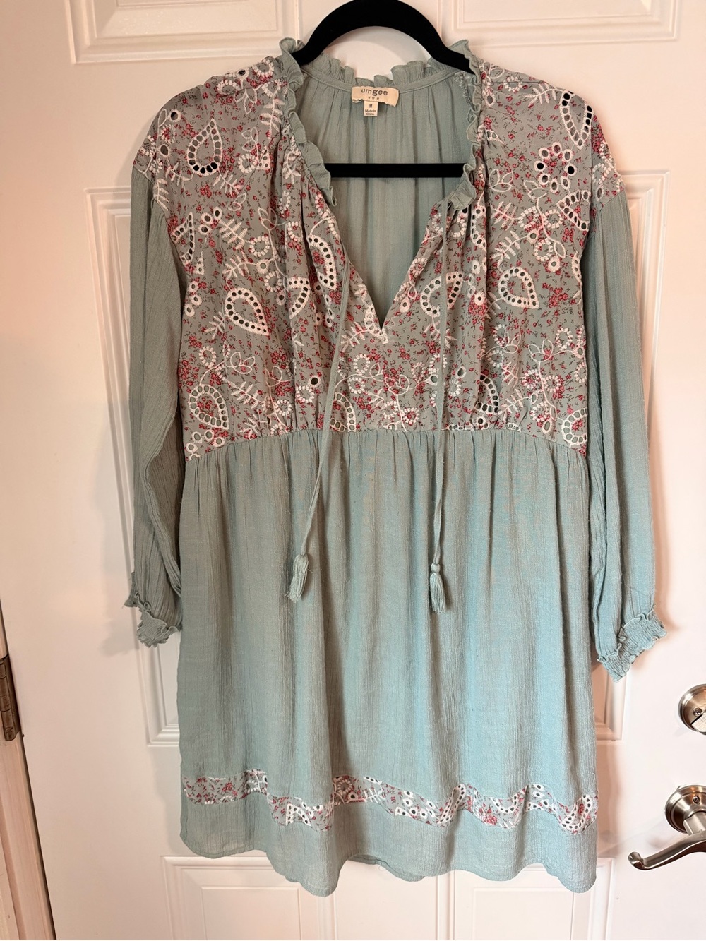 Umgee Sage Green Embroidered Long Sleeve Boho Dress